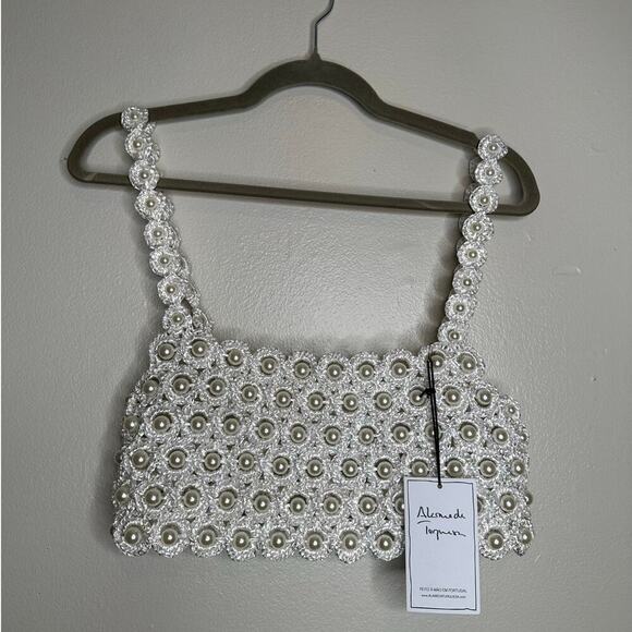 Alameda Turquesa Hana Pearl Embellished Crochet Crop Top White O/S NWT $432 - Picture 4 of 9